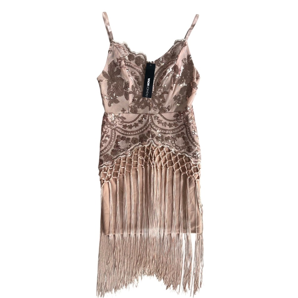 Fashion Nova Women's S Nude Deep In My Soul Sequin Mini Dress Fringed Party Club